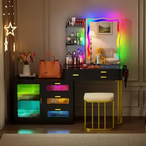 FREDEES Vanity Makeup Set with Mirror: Dressing Table with RGB LED Lights & Drawers for Girls/Women - Makeup Vanity Desk with 3 in 1 Charging Station for Bedroom Furniture, Black