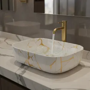 MLF 17"x12"x6" Rectangular Marble-Pattern Ceramic Vessel Sink - Modern Bathroom Vessel Sink Bowl - Premium Above-Counter Elegant Countertop Basin for Small & Large Bathrooms - Baby Series