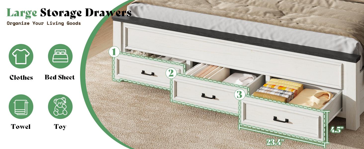 [Spring Sale] AMERLIFE Farmhouse Bed Frame with 52.2" Tall -Panel Headboard & Footboard, Wood Platform Bed Frame with 3 Large Storage Drawers, No Box Spring Needed, Unique Bedroom Furniture
