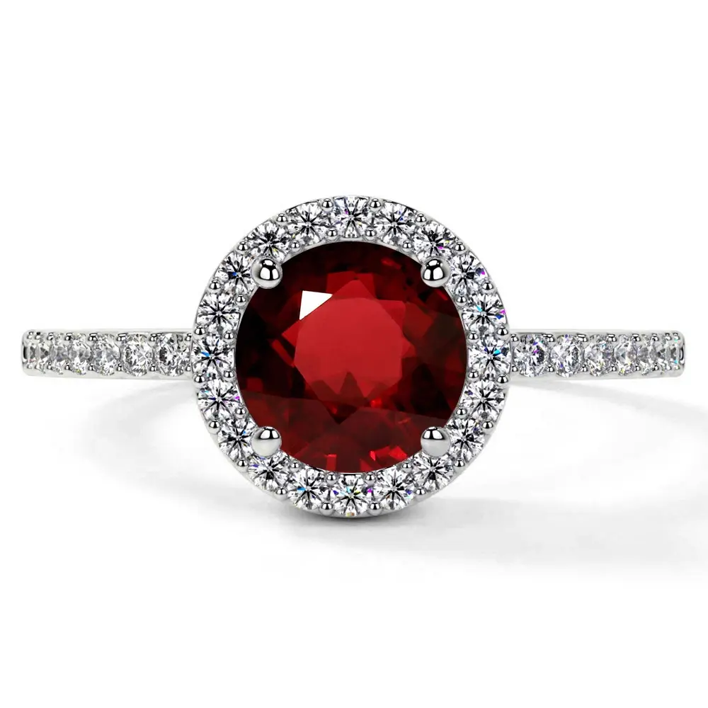 Classic Round Ruby Halo Ring with Prong Set Diamonds (1.85cttw)- RRB001-7X7-AAA