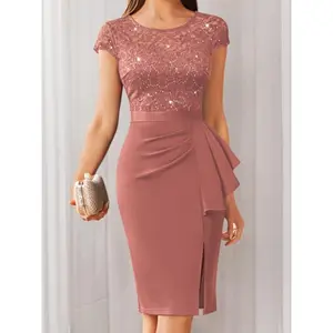 [13169 Elegant Lace Dress] Elegant Lace Sequin Women's Short Bridesmaids Dress | 13169, Cap Sleeves, Ruffle Hem, Round Neck, And Slit - Perfect For Evening, Wedding Party Fabric Fit Polyester Womenswear Chic Crewneck Cinnamon