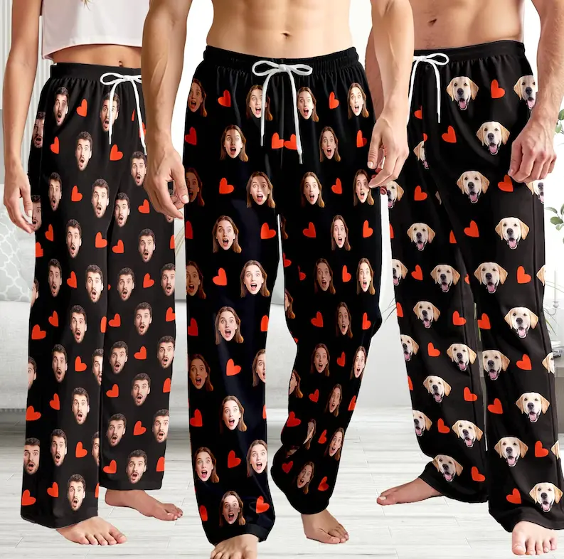 Custom Photo Pajama Pants with Personalized Face & Red Heart Print, Custom Name Lounge Sleep Pants for Women & Men