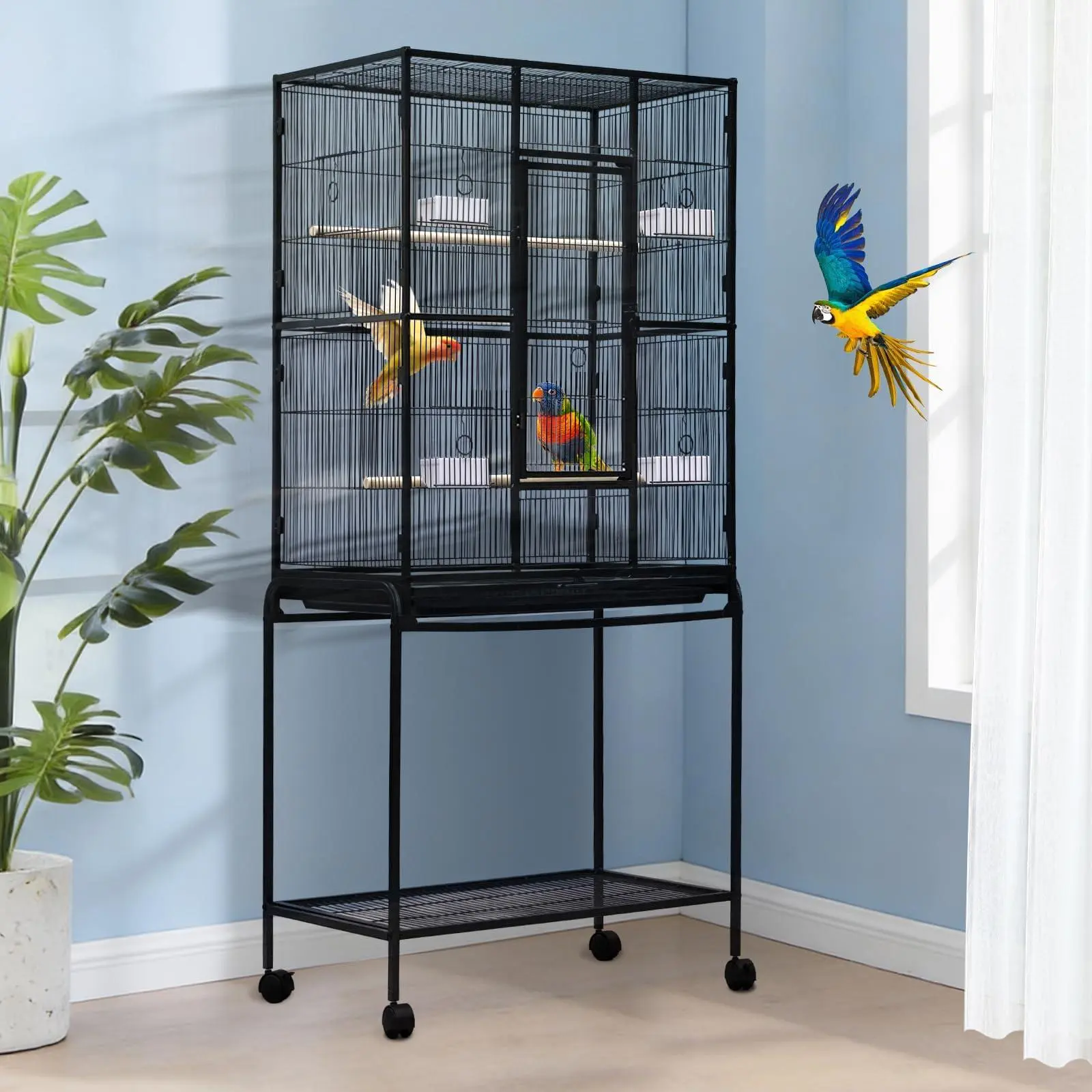 Large Bird Cage, 54" H Big Bird Cage with Stand for Parakeets Parrots Conures Lovebird Cockatiel Black