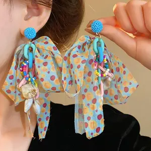Dopamine Ribbon Bow Shell Beads Earrings For Women Girls Candy Color Crystal Beads Fringe Earrings Summer Fashion Beach Jewelry