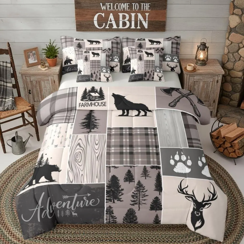 Feelyou Rustic 7-Piece Woodland Animals Bedding Set - Wolf Bear Deer Patchwork Comforter with Sheets, Farmhouse Home Decor for Kids' Bedrooms, Brown, Machine Washable