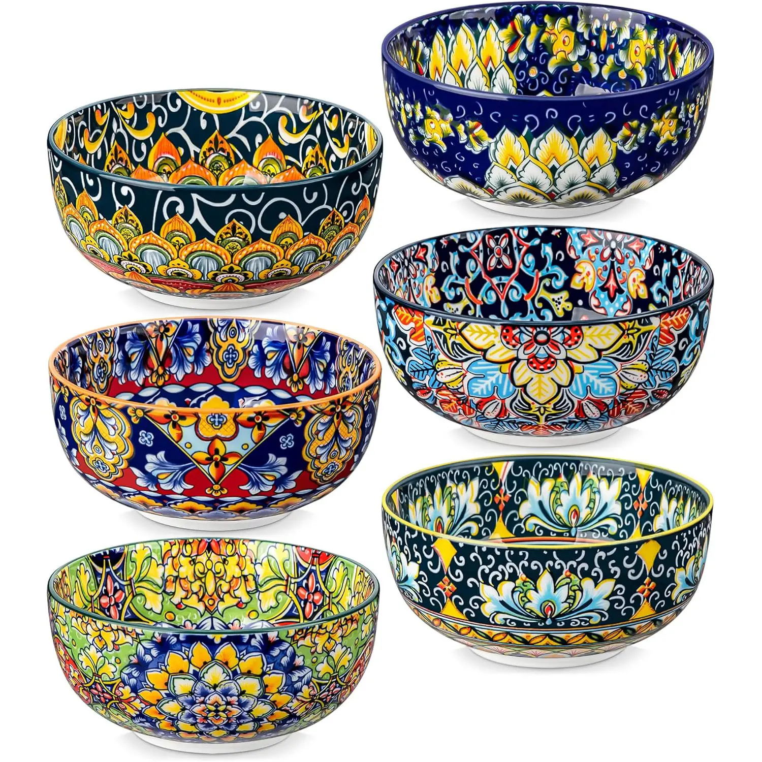 vancasso Cereal Bowls Set of 6, Bohemian Ceramic Soup Bowls, 28 oz Colorful Bowls Set for Kitchen, Dishwasher & Microwave Safe for Salad, Pasta, Rice, Oatmeal, Fruit Tableware