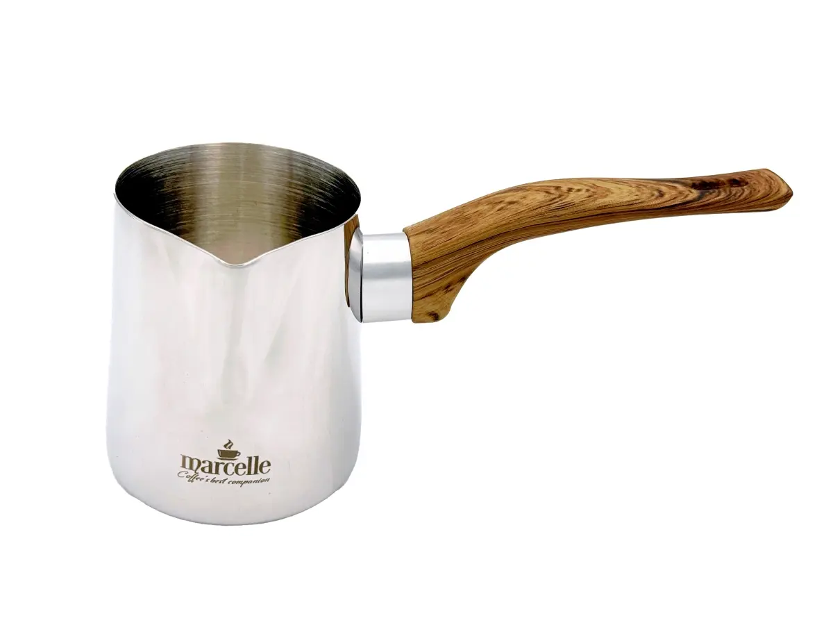 Marcelle W04W234 12 oz Stainless Steel Wood-Spout Milk & Coffee Warmer Pitcher