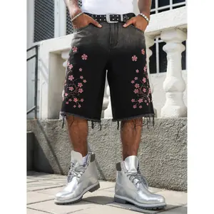 Men’s Gradient Black Cherry Blossom Embroidered Baggy Denim Jorts, Raw Frayed Hem Knee Length Shorts Vintage Ombre Wash Floral Embroidery Jean Shorts, Loose Fit Fringe Hem Streetwear Denim Shorts