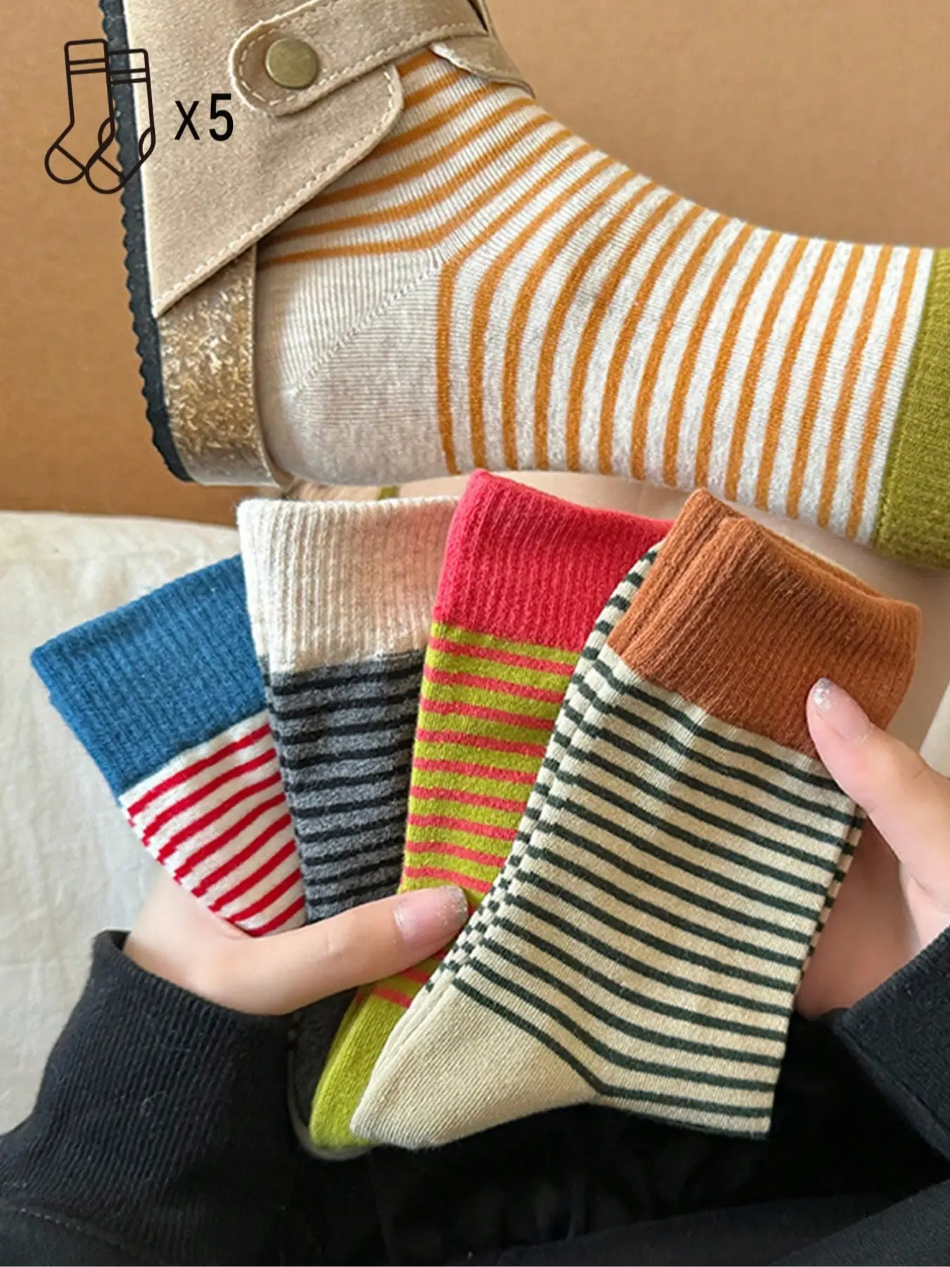 5 pairs of fashionable slim striped mid tube socks, simple, comfortable, breathable and casual socks suitable for women's home sports couple socks, Casual Comfy Socks Sock Packs