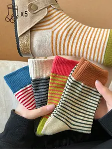 5 pairs of fashionable slim striped mid tube socks, simple, comfortable, breathable and casual socks suitable for women's home sports couple socks, Casual Comfy Socks