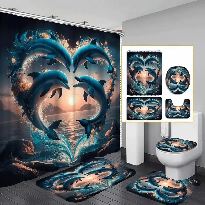 1/4 pc dolphin pattern bathroom decoration, shower curtain set, including shower curtain, toilet seat cover, bathroom mat and U-shaped mat, perfect for bathroom decoration, partition, and beautifying the space. Comes with 12 shower curtain hooks.