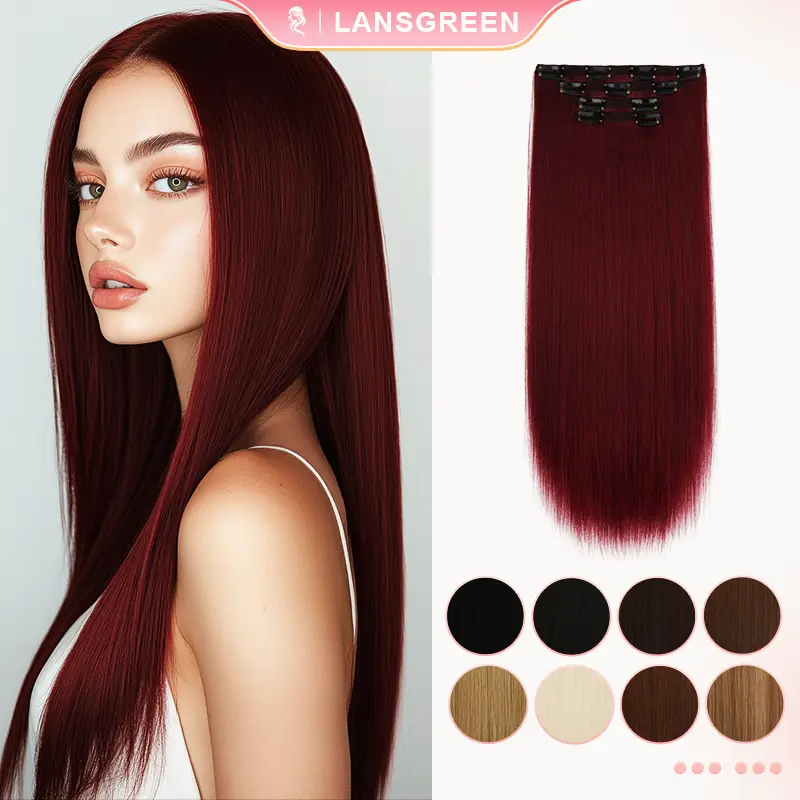 Lansigreen Clip in Hair Extensions, 20 Inch 4-Piece Long Straight Natural Synthetic Hairpieces for Women, 205g Thick Attachment Set for Added Volume, Attachment Synthetic Extensions & Pieces, High Volume, Synthetic Fiber