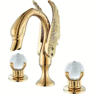 Golden Swan Bathroom Sink Faucet - 3 Hole, 2 Handle, Crystal Handle, High Arc Waterfall Spout, Modern Design, Lavatory Basin Sink Faucet with Durable Construction and Easy Installation