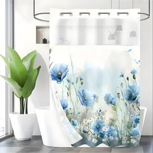 LVRLVR 1pc Watercolor Print Blue Poppy Floral Shower Curtain with Sheer Top Window, Detachable Liner & No Hook C-Ring, 70.8" x 74" Flower Shower Curtain