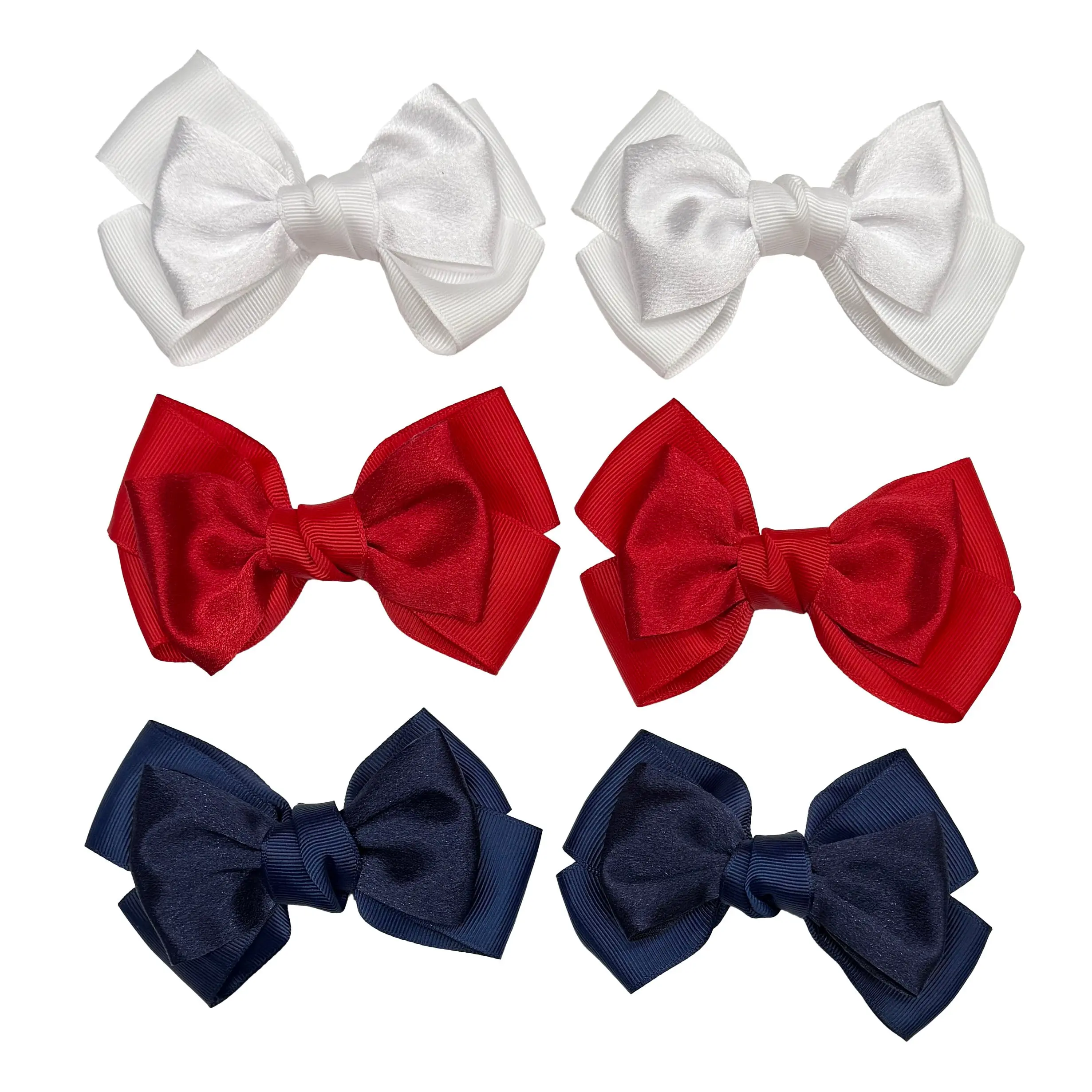 3 Pair Hair Bows - White, Red, Navy Blue