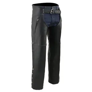 Men's Classic Black Leather Motorcycle Chaps with Zipper Thigh Pocket