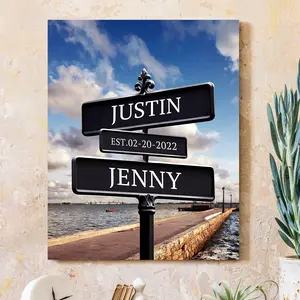Crossroads Sign Couple's Name and Date on Street Sign Oceanside Pier Canvas Prints Love Gift for Anniversary,Wedding,Birthday and Holidays