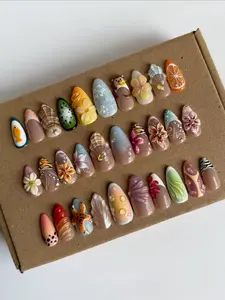 Handmade 3D Press On Nails | Cute Floral Fruit Ocean Nail Set | Reusable Acrylic Nails | Kawaii Nail Art Gift