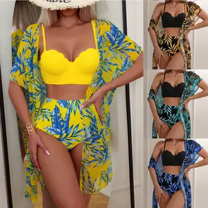 New three-piece swimsuit for women, maple leaf print high-waisted slimming bikini, foreign trade swimsuit for women