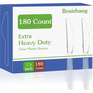 180 Count Extra Plastic Knives Heavy Duty 7.5" Disposable Clear Plastic Knives Bulk, Heat Resistant & BPA-Free, Plastic Cutlery Set for Party, Events and Daily Use