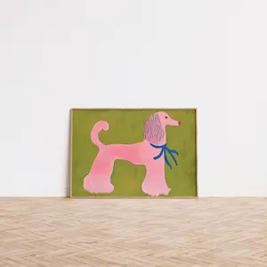 Pink Poodle Art Print - Playful Animal Wall Art for Kids and Modern Rooms - Whimsical Office Decor with Bold Color Palette