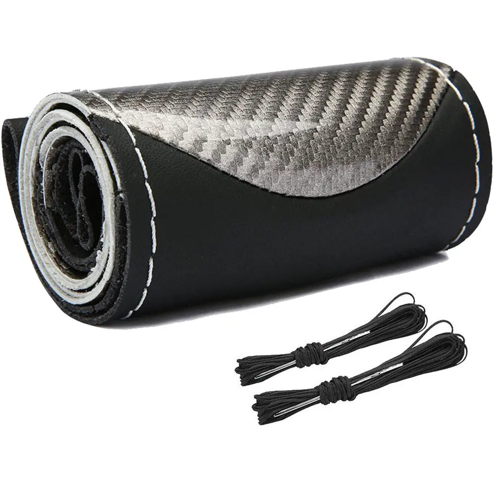 DIY Leather Anti-Slip Steering Wheel Wrap, Car Interior Accessory - Fits 15"/38 cm Wheels, Includes Needles and Thread, Black