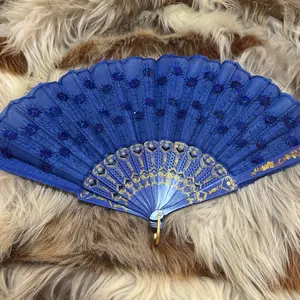 Elegant Blue Peacock Design Hand Fan with Gold Accents and Intricate Embroidery for Stylish Use