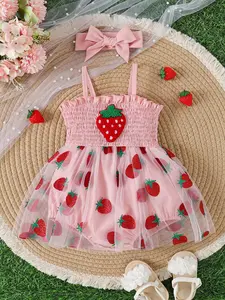 Baby Girls Cute Summer New Strapless Top with 3D Strawberry Decoration, Mesh Strawberry Triangle Tank Top with Headband, Outdoor Sports Romper, Toddler Romper