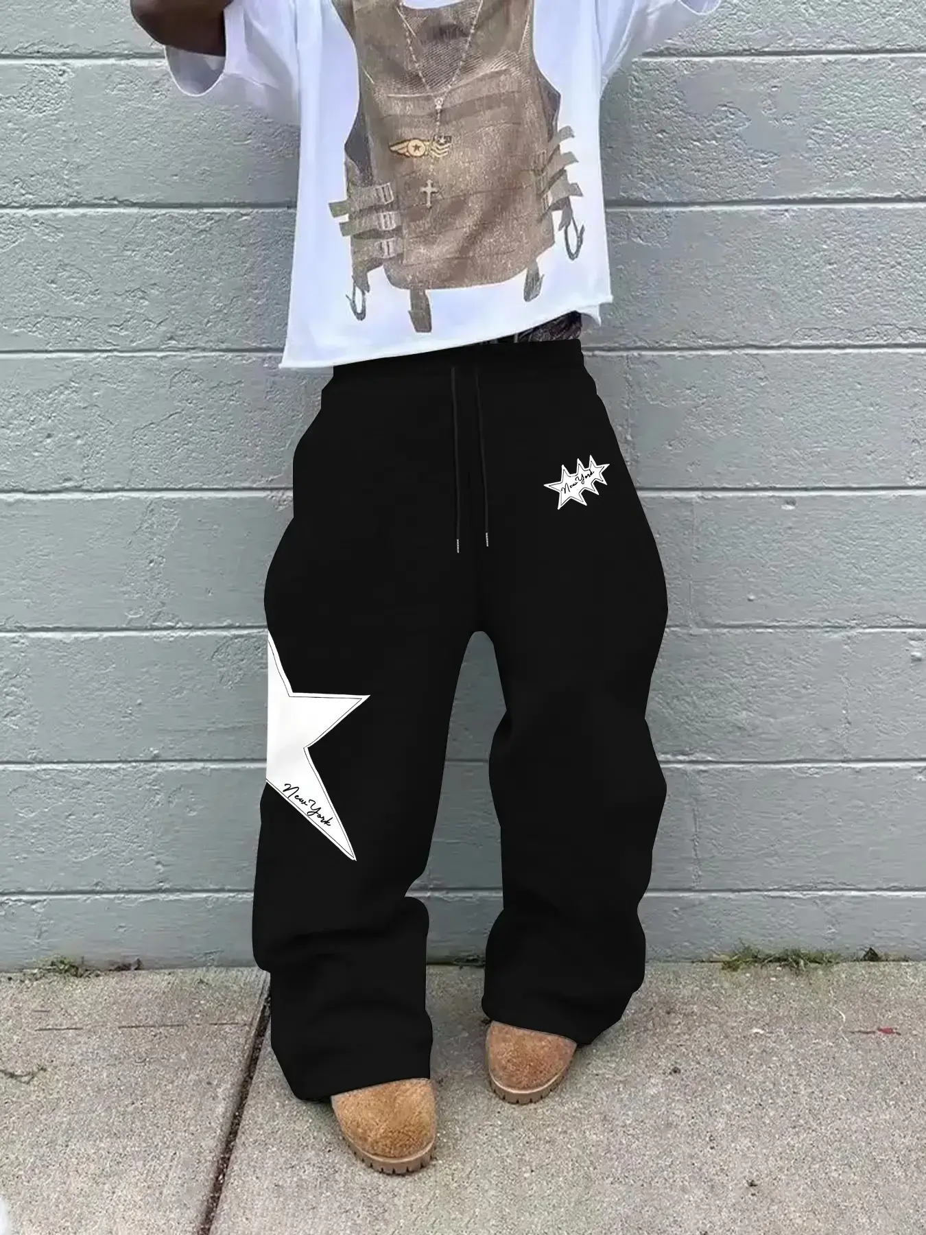 Men's Fashion Casual Straight Leg Pants, Lazy Style Loose Oversized Sweatpants, Star Print Design, Streetwear, Polyester, Daily Wear