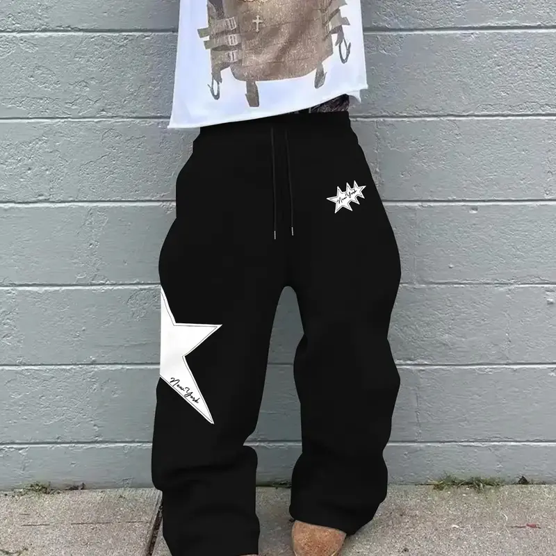 Men's Fashion Polyester Casual Straight Leg Pants, Loose Fit Star Print, Ideal for Daily Wear, Trendy and Versatile, Trouser