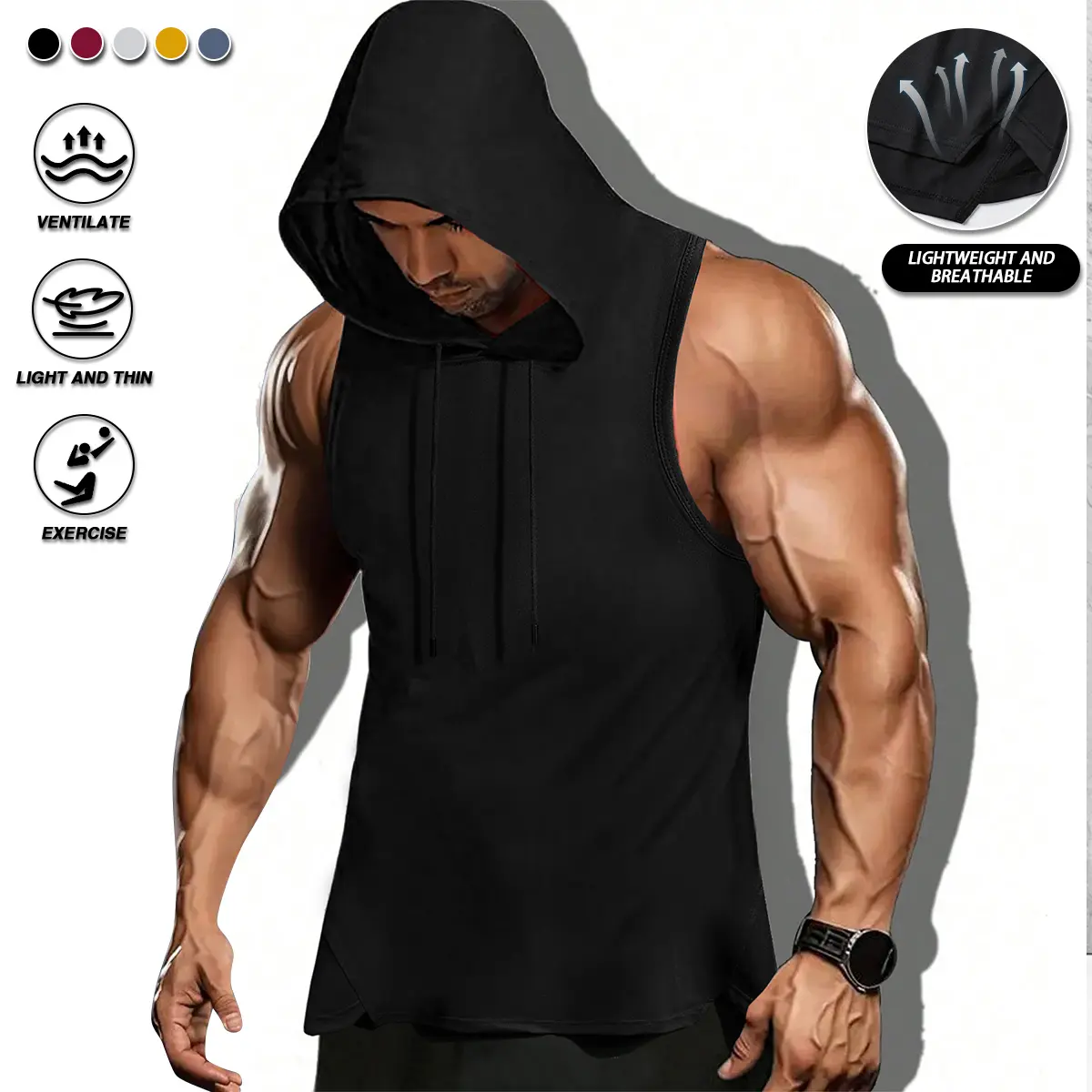 Men's hooded sleeveless sports vest, breathable and light fabric, multi-color optional, fitness training, daily leisure adaptation, trendy hooded design, comfortable and slim men's models