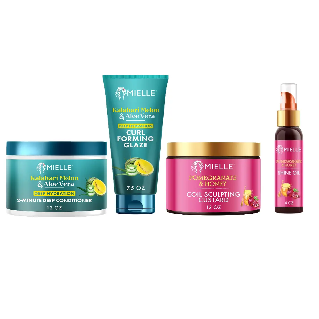 Mielle Hydrate & Define Haircare Kit - Honey Pomegranate Moisturizer Bundle with 2-Minute Deep Conditioner, Curl-Forming Glaze, Coil-Sculpting Custard, Shine Oil
