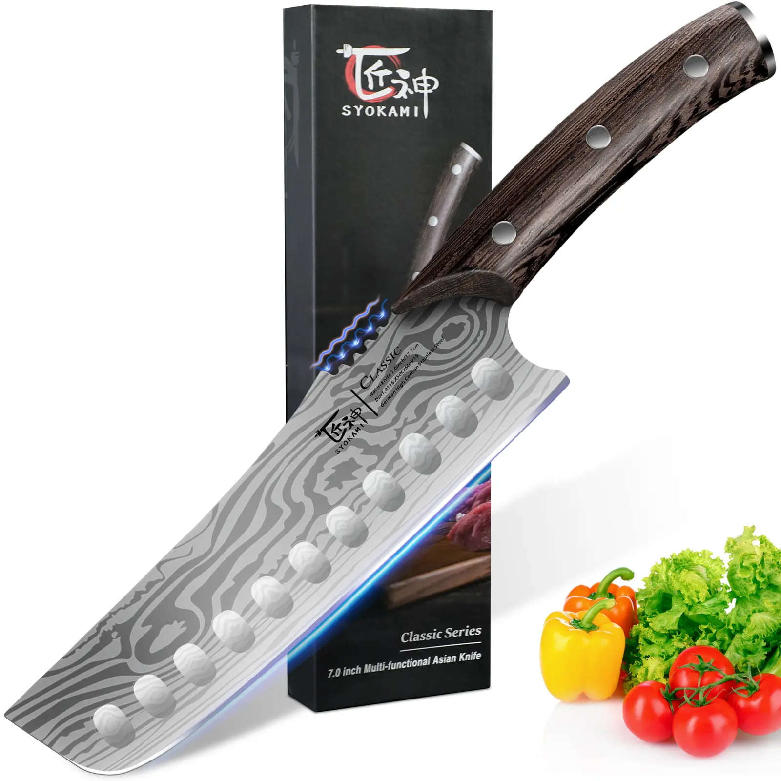 【DealsForYouDays】SYOKAMI 7.2-Inch Japanese Nakiri Chef Knife, Durable German Steel Kitchenware, Razor-Sharp Damascus Pattern Blade, Ergonomic Full-Tang Wooden Handle, Precision Vegetable Cutting Tool, Valentine's Day Gift
