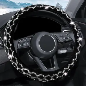 Bling Rhinestone Steering Wheel Cover with   for Women, Sparkling  Wheel Protector Universal Fit 15 Inch (Black with White , Standard Size(14"" 1/2-15"" 1/4))