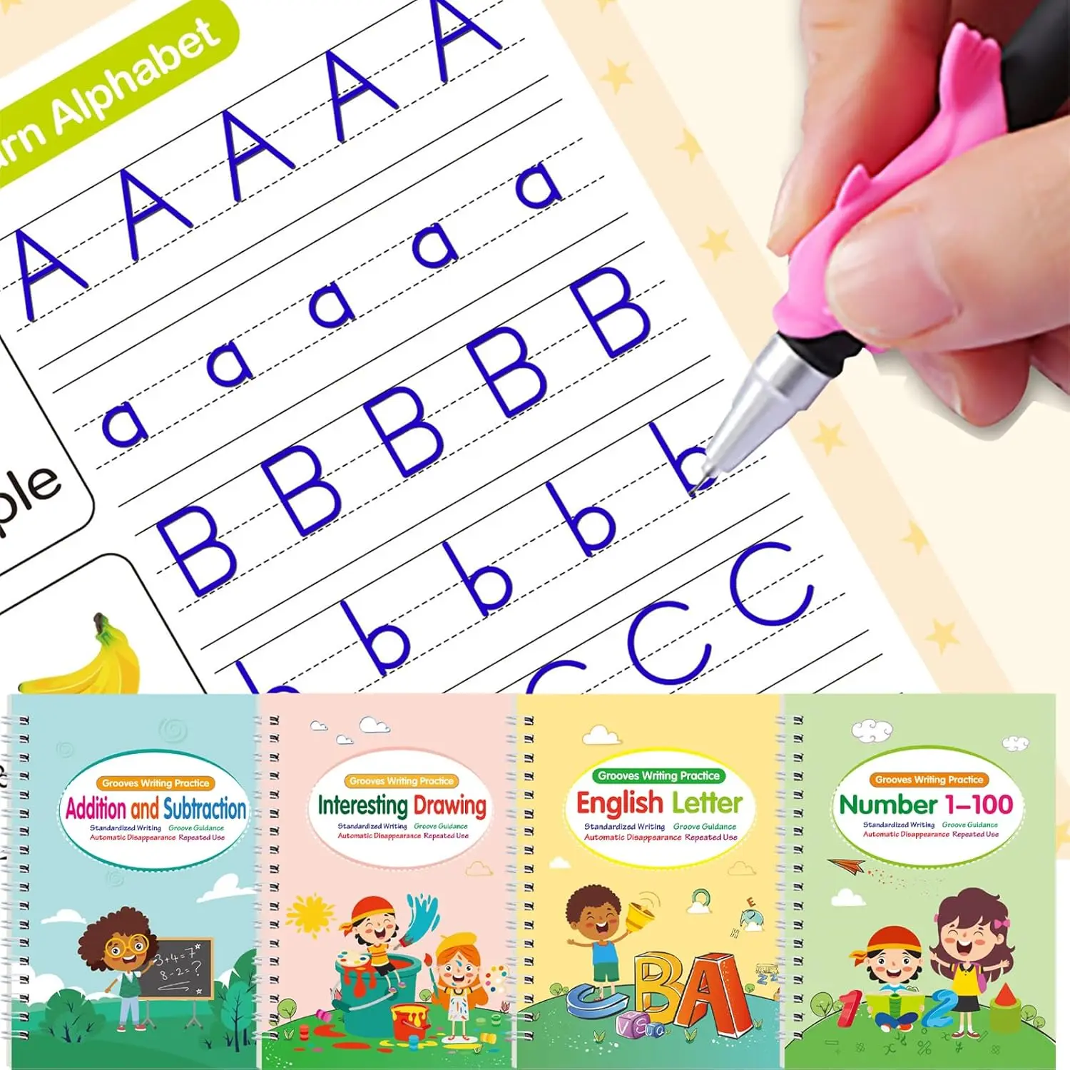 Magic Grooved Practice Copybook, 4-Count Reusable Grooved Handwriting Workbooks with 1 Pen, 10 Refills and 1 Random-Color Pen Grip, Handwriting Practice and Tracing Preschool Books for Kids, School Supplies