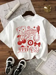 Las Vegas Casino Retro Graphic Print Tee - Women's White Oversized Knit Casual Summer Round Neck T-Shirt Fitted Womenswear