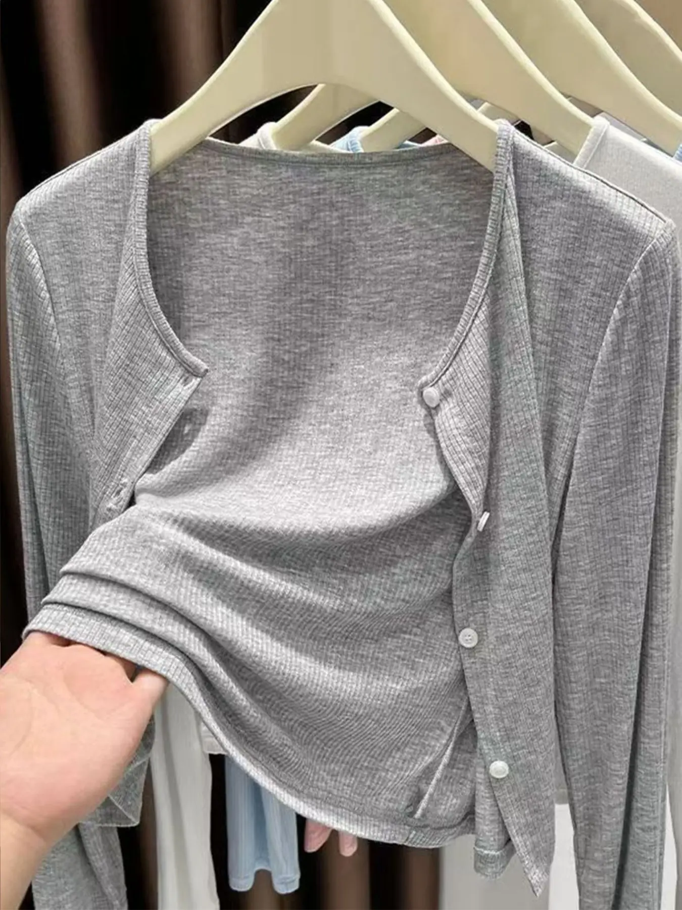 Women's Ribbed Asymmetrical Button Cardigan, Long Sleeve Outerwear, Casual Womenswear, Sun Protection Shawl, Perfect for Tank Dresses and Beach Wear, Outdoor, Summer