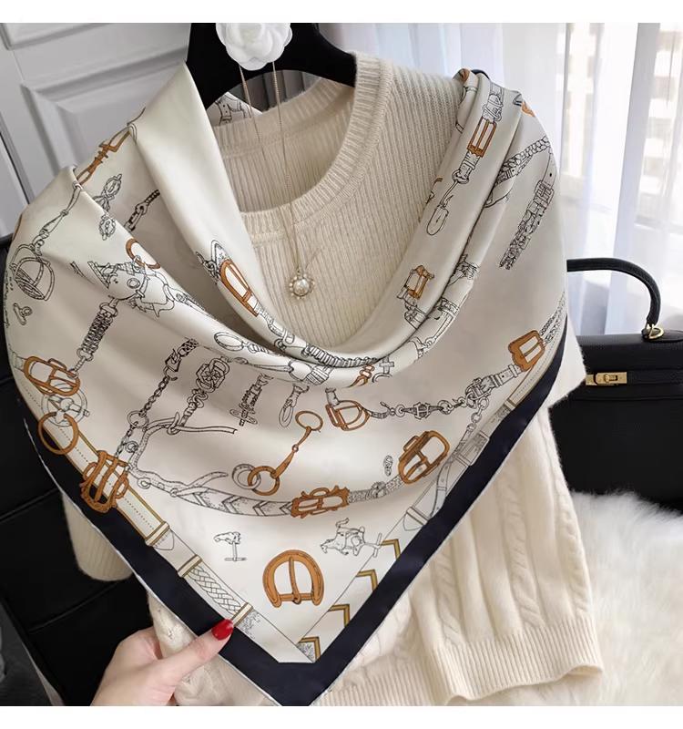 Dandana Scarf Versatile Silk Scarf with Saddle Buckle, Hair Scarf 100% Mulberry Silk, Women’s Diagonal Satin Silk Square Scarf, Look Rich Viral Scarf