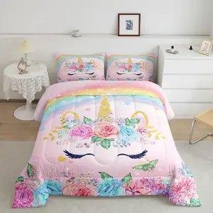 Unicorn Designer Comforter Set,Decorations 3D Pink Unicorn Rainbow Bedding Designer Comforter Set,Ultra Soft and Fluffy Flower Designer Comforter Sets
