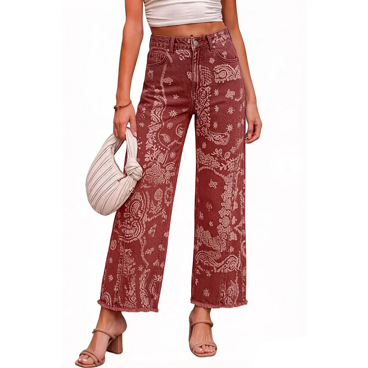 Chouyatou Cropped Wide Leg Denim Pants for Women High Waist Stretchy Raw Hem Casual Jeans