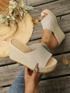 Women's Fashion Slippers, Thick Sole Rubber Bottom, Wedge, Textile Upper, Solid Pattern, Outdoor Use, Summer, All Seasons, Comfortable & Stylish
