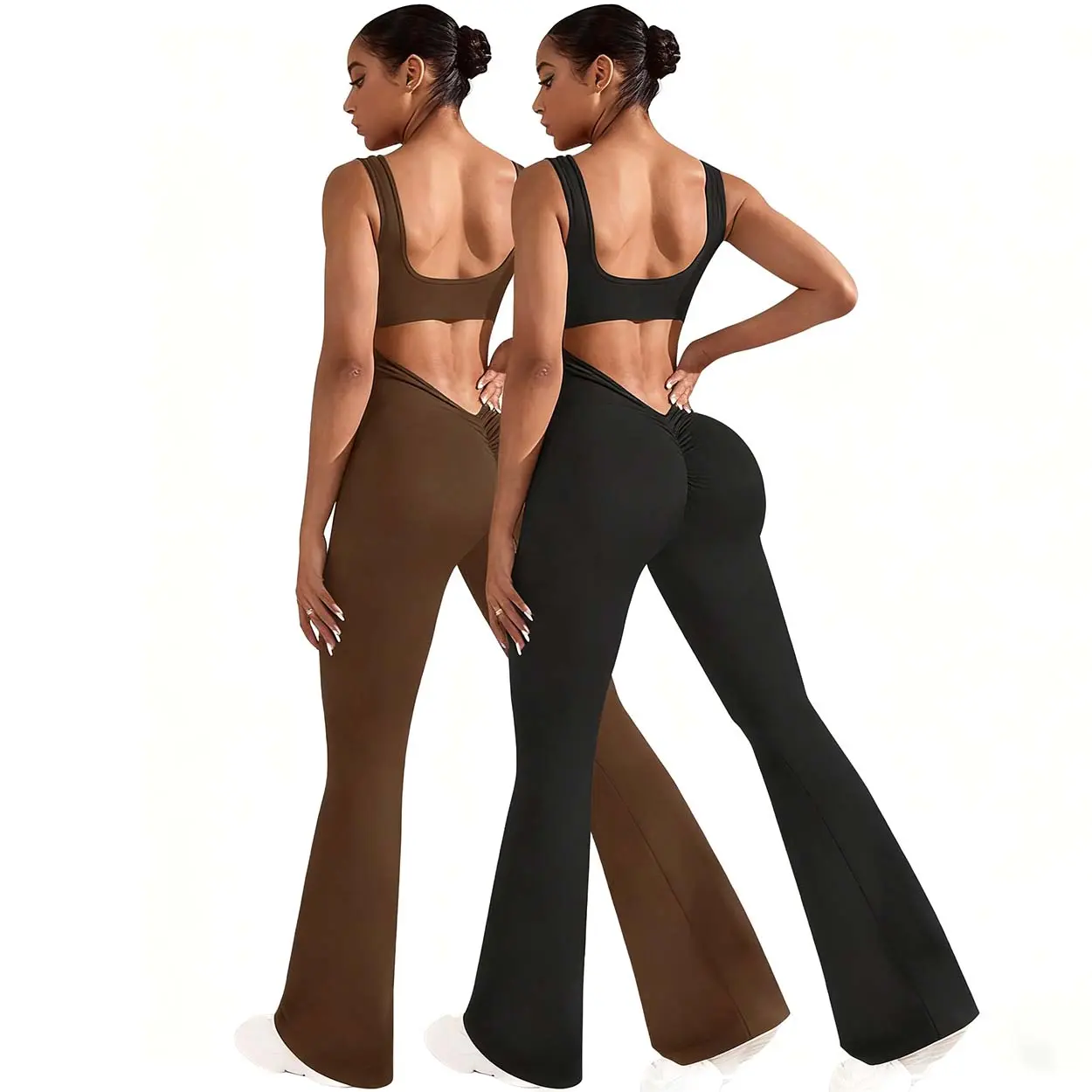 Women's 2-Piece Seamless Yoga Set - Square Neck Sleeveless Crop Top, V-Back High Waist Flare Pants with Ruched Butt Lift & Hollow Detail, Sporty Jumpsuit, Bodycon Activewear, Stylish Activewear, 2 Piece Sets, All-Day Wear