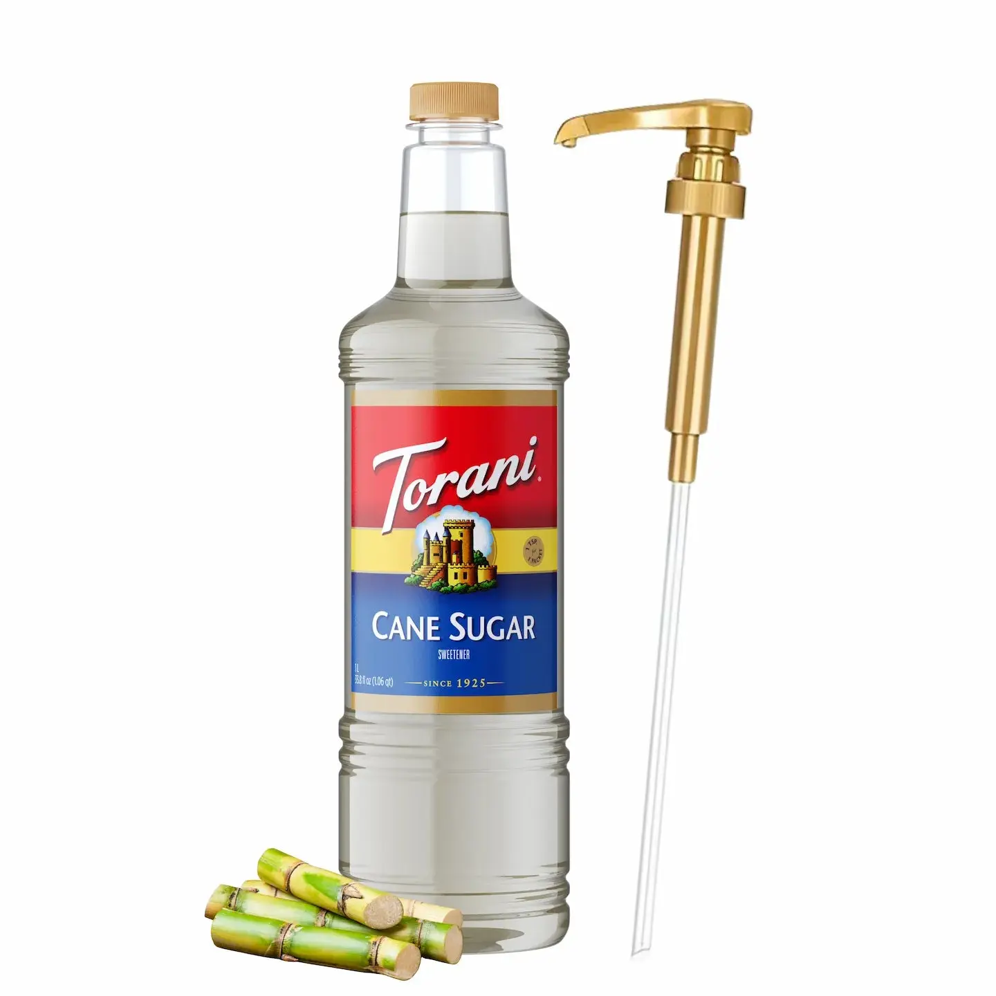 Torani Natural Cane Sugar Sweetener Syrup, 1L Bottle with Pump - For Drinks, Beverage Flavoring