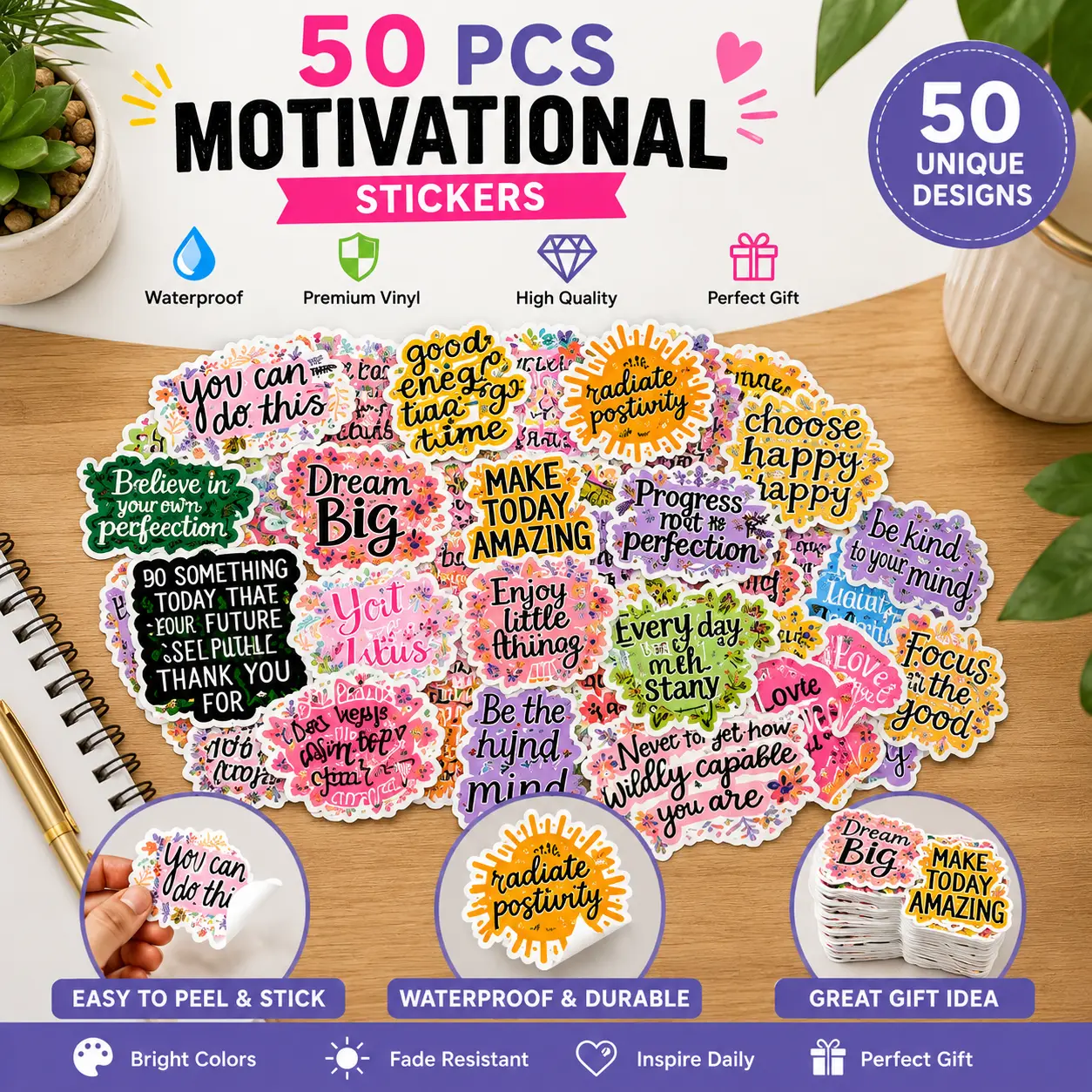 50PCS Motivational Sticker Pack – Inspirational Waterproof Vinyl Decals for Journals, Laptops, Water Bottles & Scrapbooking