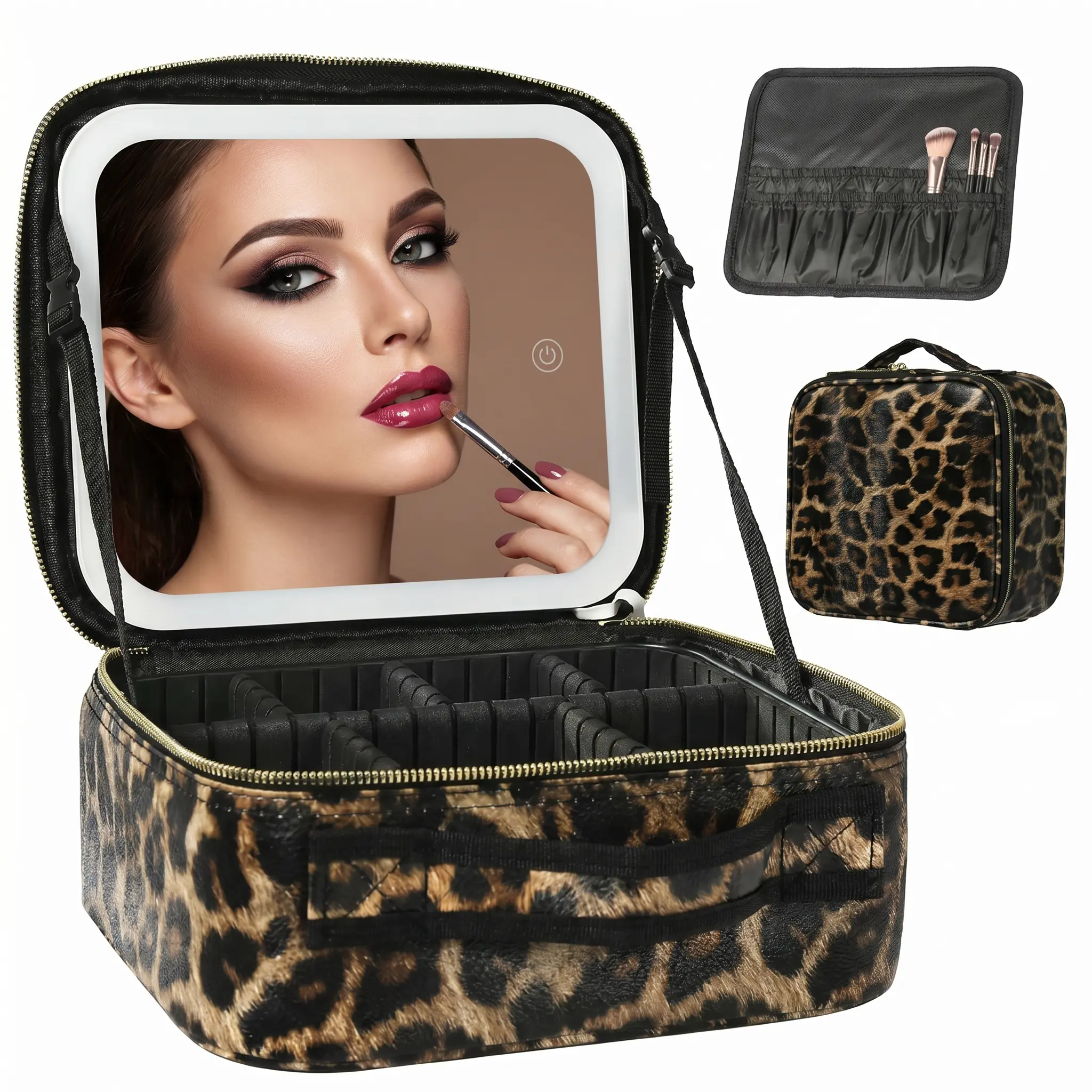 Leopard Makeup Bag with LED Mirror, 3 Color Light Modes, Travel Makeup Bag, Portable Cosmetic Organizer, Adjustable Dividers Organizer, Compact Storage Case for Makeup Tools, Large Capacity, Gift for Her skincare