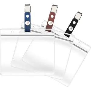 3 Pack ID Card Badge Holders with Detachable Leather Metal Badge Clips, Horizontal  Clear Extra Thick PVC Plastic Name Tags for  Office School Students Teachers Work