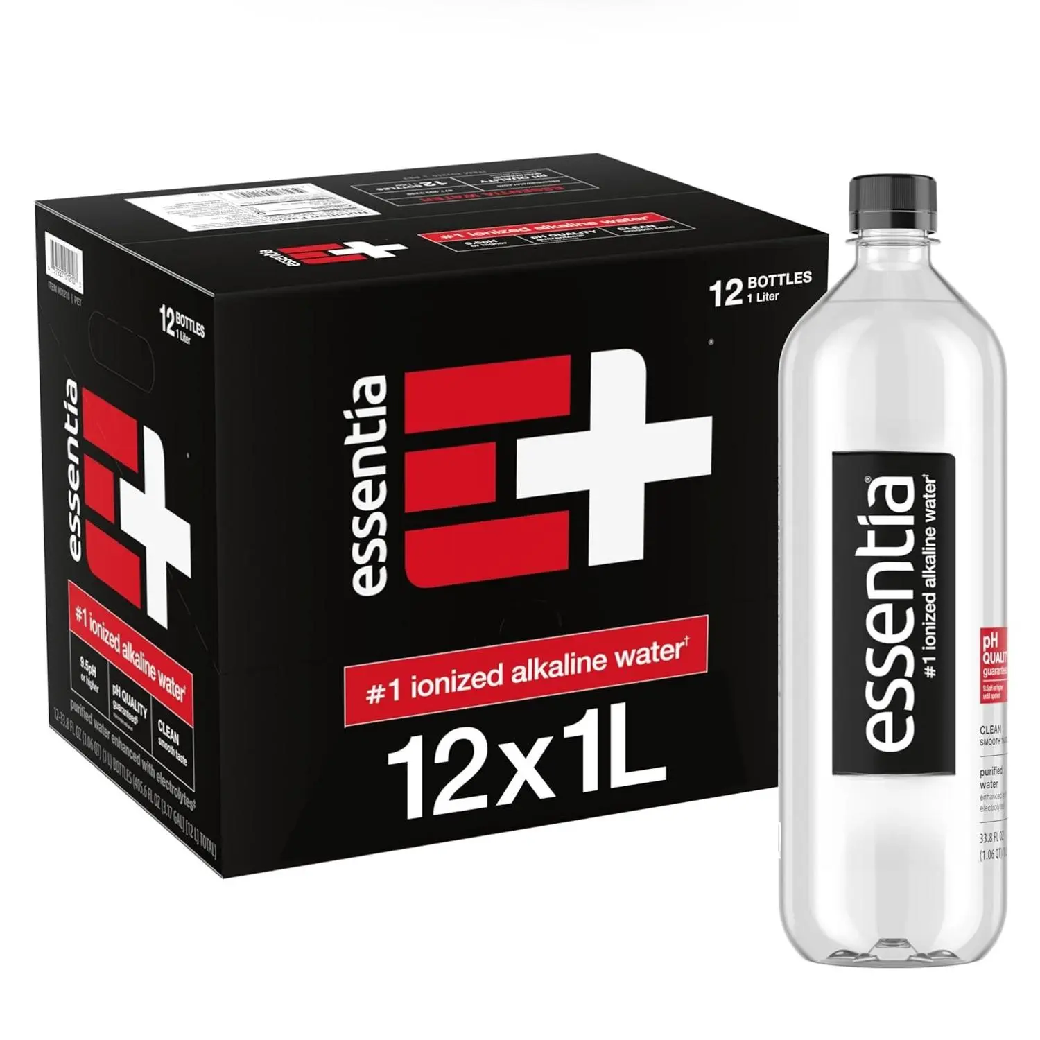 Essentia Water 12x1L Pack Ionized Alkaline Water 99.9% Pure with Electrolytes 9.5 pH or Higher Clean Smooth Taste BPA-Free Recyclable Bottles