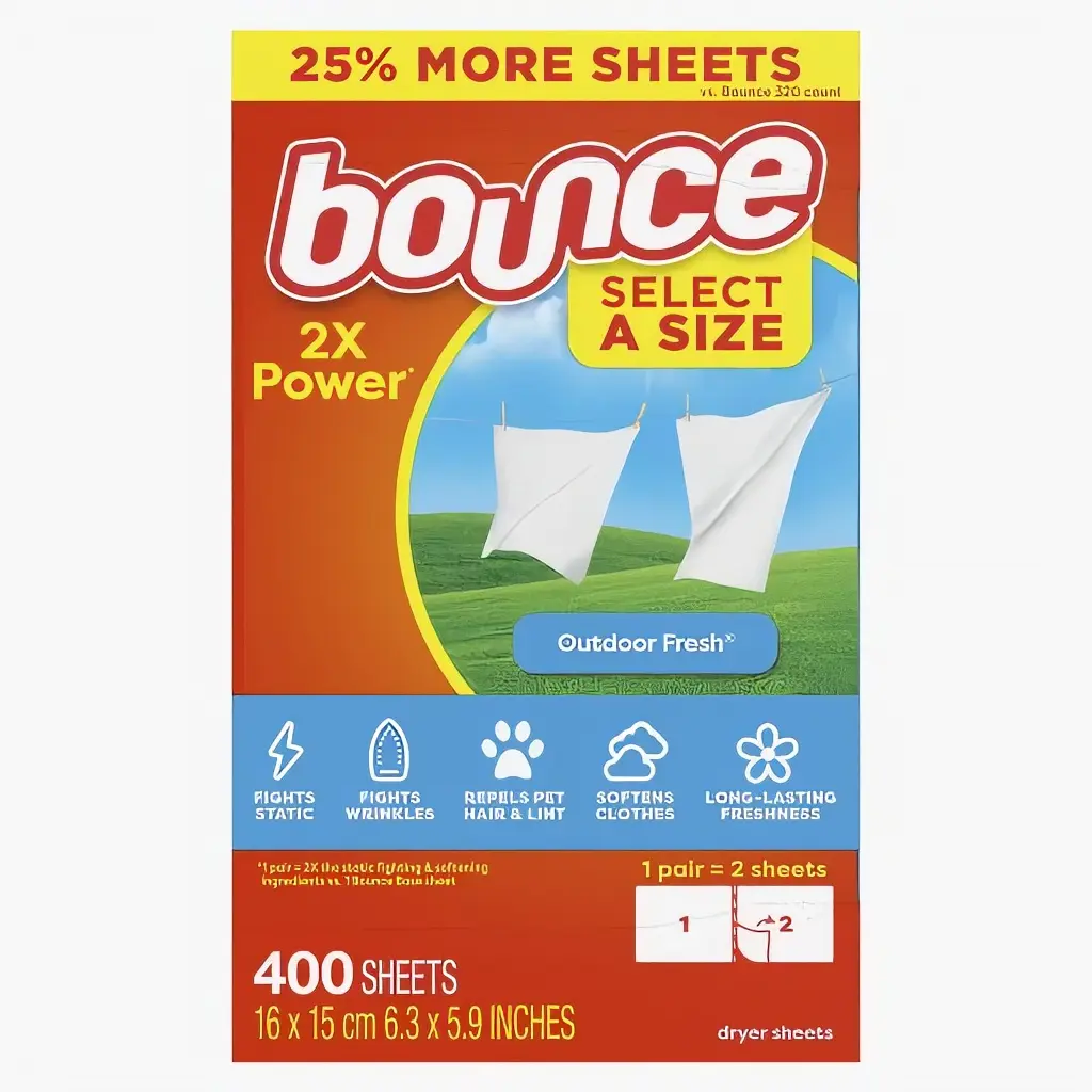Bounce 2X Power Outdoor Fresh Dryer Sheets 400 Sheets 16 x 15 cm 6.3 x 5.9 Inches Fight Static Wrinkles Repel Pet Hair & Lint Soften Clothes Long Lasting Freshness