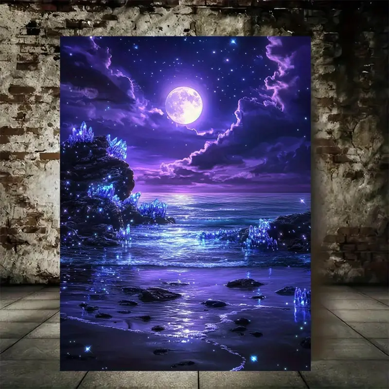 1-piece framed canvas wall art, Artistic - Purple ocean under the full moon, deep purple-blue starry night scene - Decoration for living room, bedroom - Wooden frame (15.7x 11.8inch /40x 30cm ) - ocean scene home decor, Aesthetic Wall Decor