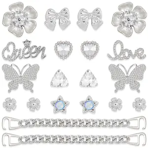 20 Pcs Silver Shoe Charms Chain Accessories for Women Butterfly Flower Pearl Rhinestone Bling Cute Decor DIY Kit Customize Your Shoes Party Birthday Gift
